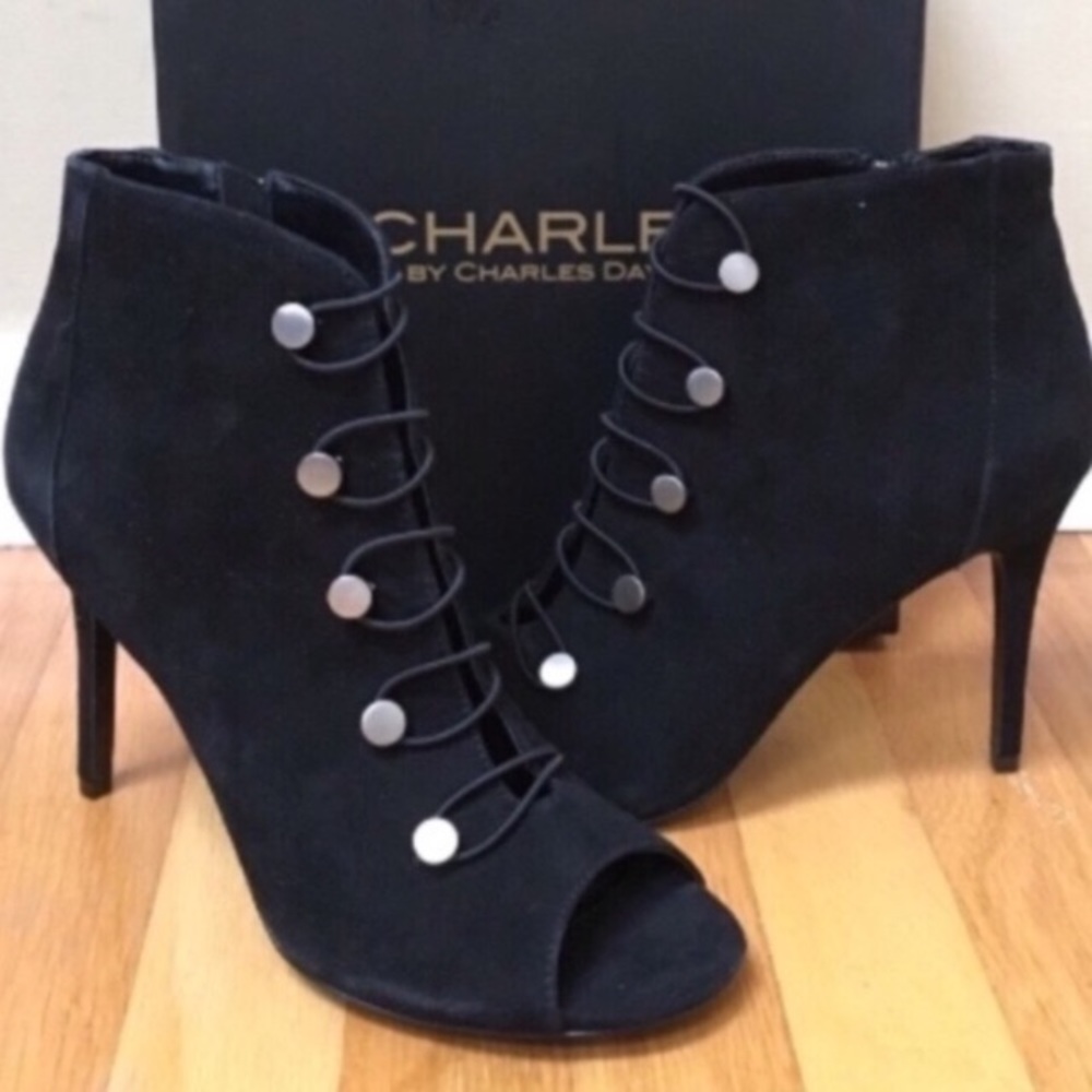 CHARLES by CHARLES DAVID Royalty Black Suede Peep Toe Studded High Heel Booties